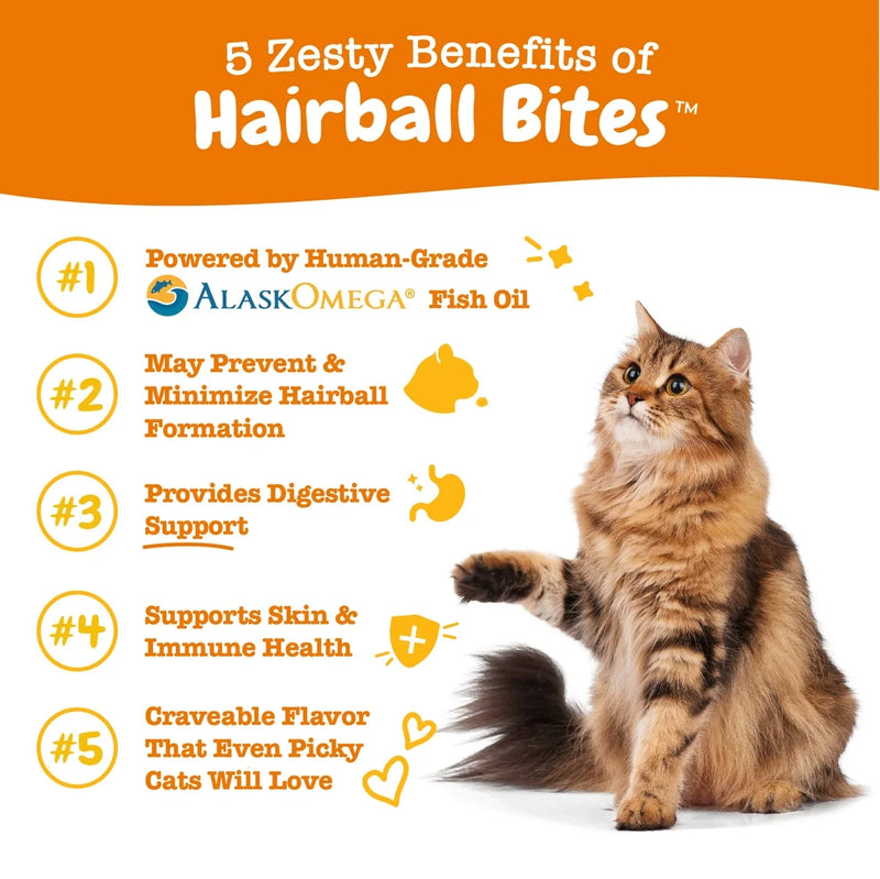 Gut Health Hairball Bites™ for Cats, Functional Treat Supplement W Psyllium, Fish Oil, Biotin & Zinc, Bacon Flavor, 30 Count Soft Chews