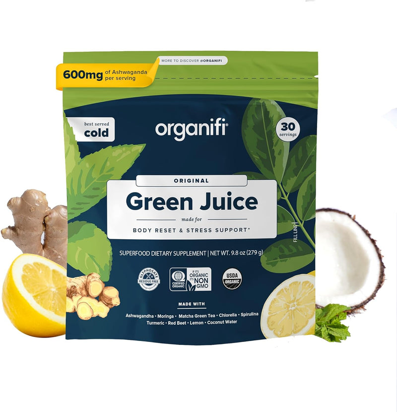 Green Juice - Powder Supplement with Organic Spirulina, Ashwagandha, and Chlorella - Helps Achieve Fitness Goals and Reduce Cortisol Levels, 30-Day Supply