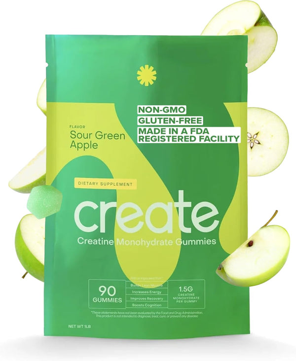 Creatine Monohydrate Gummies for Men & Women - Boost Focus, Strength, and Endurance, Anti-Melting Formula, Vegan, Gluten-Free, Non-Gmo, 1.5 Gram Creatine per Gummy (Sour Green Apple, 90Ct)