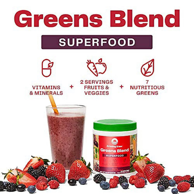 Greens Blend Superfood: Super Greens Powder Smoothie Mix with Organic Spirulina, Chlorella, Beet Root Powder, Digestive Enzymes, Prebiotics & Probiotics, Berry, 30 Servings