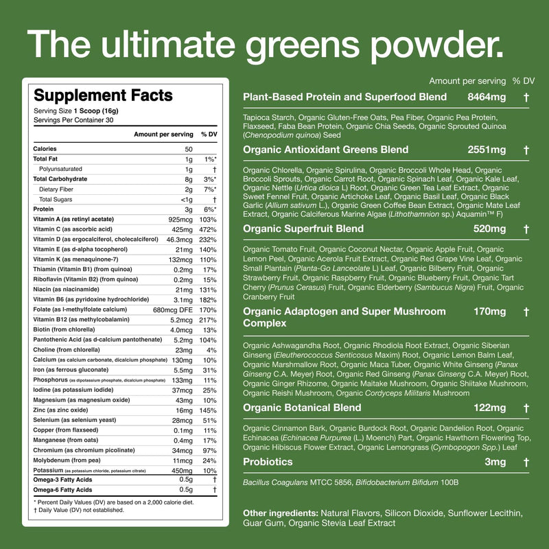 Daily Greens | Superfood Greens Powder | 91 Vitamins, Minerals, and Wholefood-Sourced Ingredients | Adaptogens, Antioxidants, Gut-Friendly Probiotics | 30 Servings…