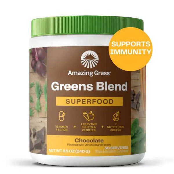 Greens Blend Superfood: Super Greens Powder Smoothie Mix with Organic Spirulina, Chlorella, Beet Root Powder, Digestive Enzymes & Probiotics, Chocolate, 30 Servings (Packaging May Vary)