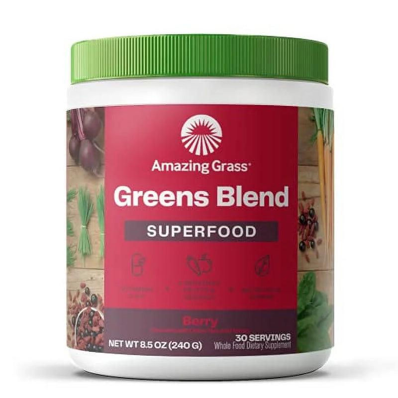 Greens Blend Superfood: Super Greens Powder Smoothie Mix with Organic Spirulina, Chlorella, Beet Root Powder, Digestive Enzymes, Prebiotics & Probiotics, Berry, 30 Servings