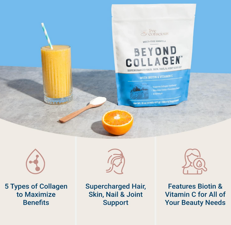 Live Conscious Beyond Collagen Multi Collagen Powder for Women w/Types I, II, III, V & X - Keto Friendly, Hydrolyzed Collagen Peptides Powder Blend w/Biotin & Vitamin C 41 Servings