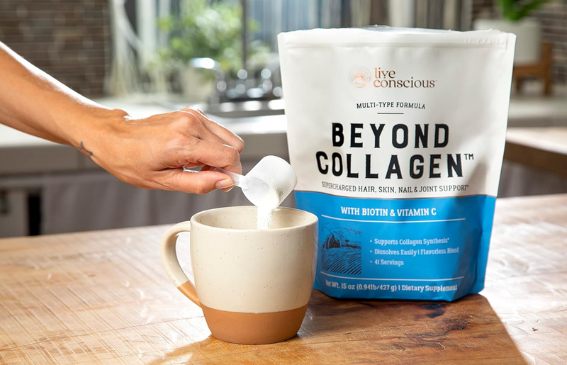 Live Conscious Beyond Collagen Multi Collagen Powder for Women w/Types I, II, III, V & X - Keto Friendly, Hydrolyzed Collagen Peptides Powder Blend w/Biotin & Vitamin C 41 Servings