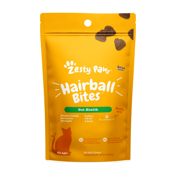 Gut Health Hairball Bites™ for Cats, Functional Treat Supplement W Psyllium, Fish Oil, Biotin & Zinc, Bacon Flavor, 30 Count Soft Chews