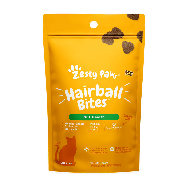 Gut Health Hairball Bites™ for Cats, Functional Treat Supplement W Psyllium, Fish Oil, Biotin & Zinc, Bacon Flavor, 30 Count Soft Chews