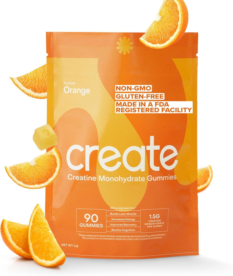 Creatine Monohydrate Gummies for Men & Women, Boost Focus, Strength, and Endurance, Anti-Melting Formula, Vegan, Gluten-Free, Non-Gmo, 1.5G of Creatine per Gummy (Orange, 90Ct)