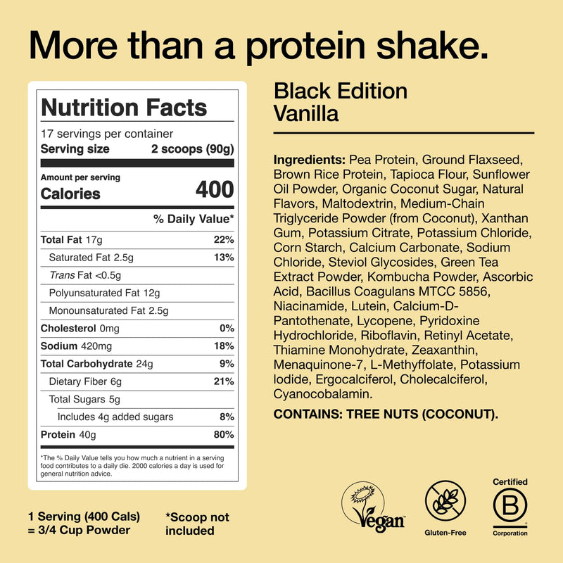 Black Edition | Vanilla 40G Vegan Protein Powder | Nutritionally Complete Meal | 27 Vitamins and Minerals, Gluten Free | 17 Servings | Scoop Not Included to Reduce Plastic